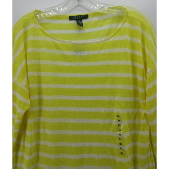 Lauren Ralph Lauren Sweater XL Yellow Linen Pullover Striped NEW - Picture 2 of 10